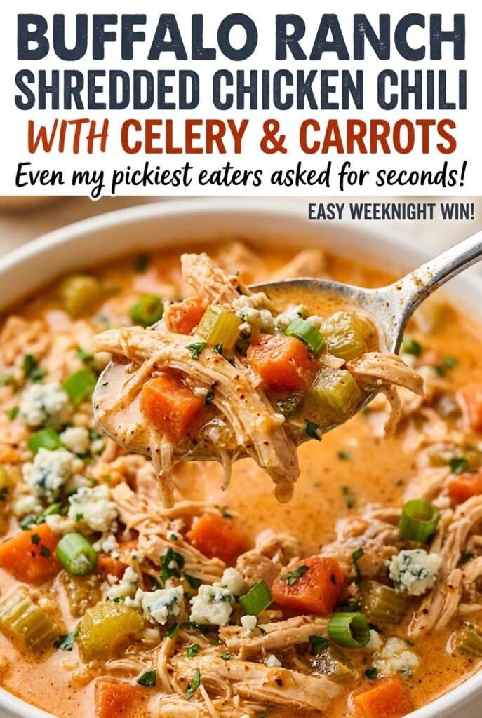 Buffalo Ranch Shredded Chicken Chili with Celery and Carrots