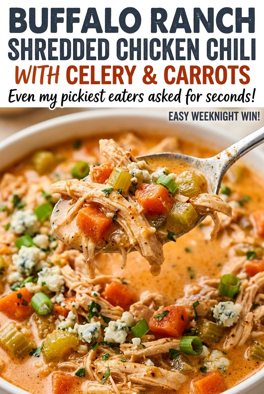 Buffalo Ranch Shredded Chicken Chili with Celery and Carrots, creamy and hearty