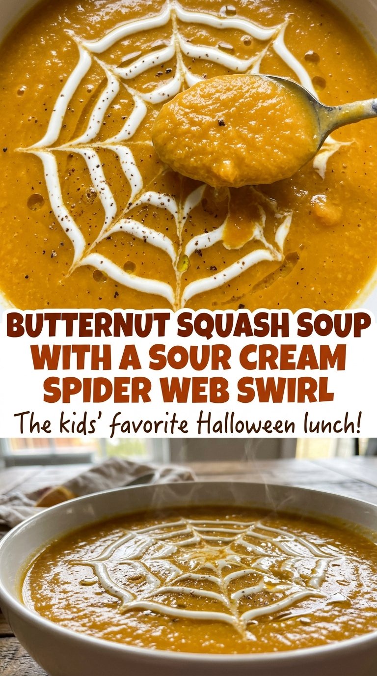 Butternut squash soup with sour cream spider web, creamy orange soup