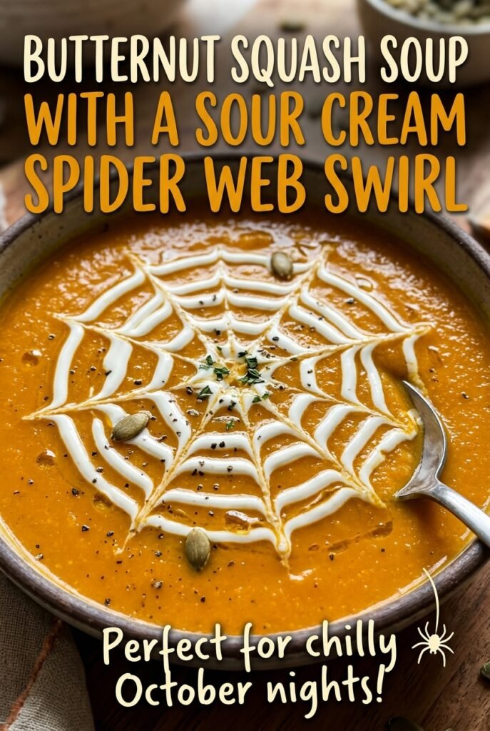 Butternut Squash Soup with a Sour Cream Spider Web Swirl