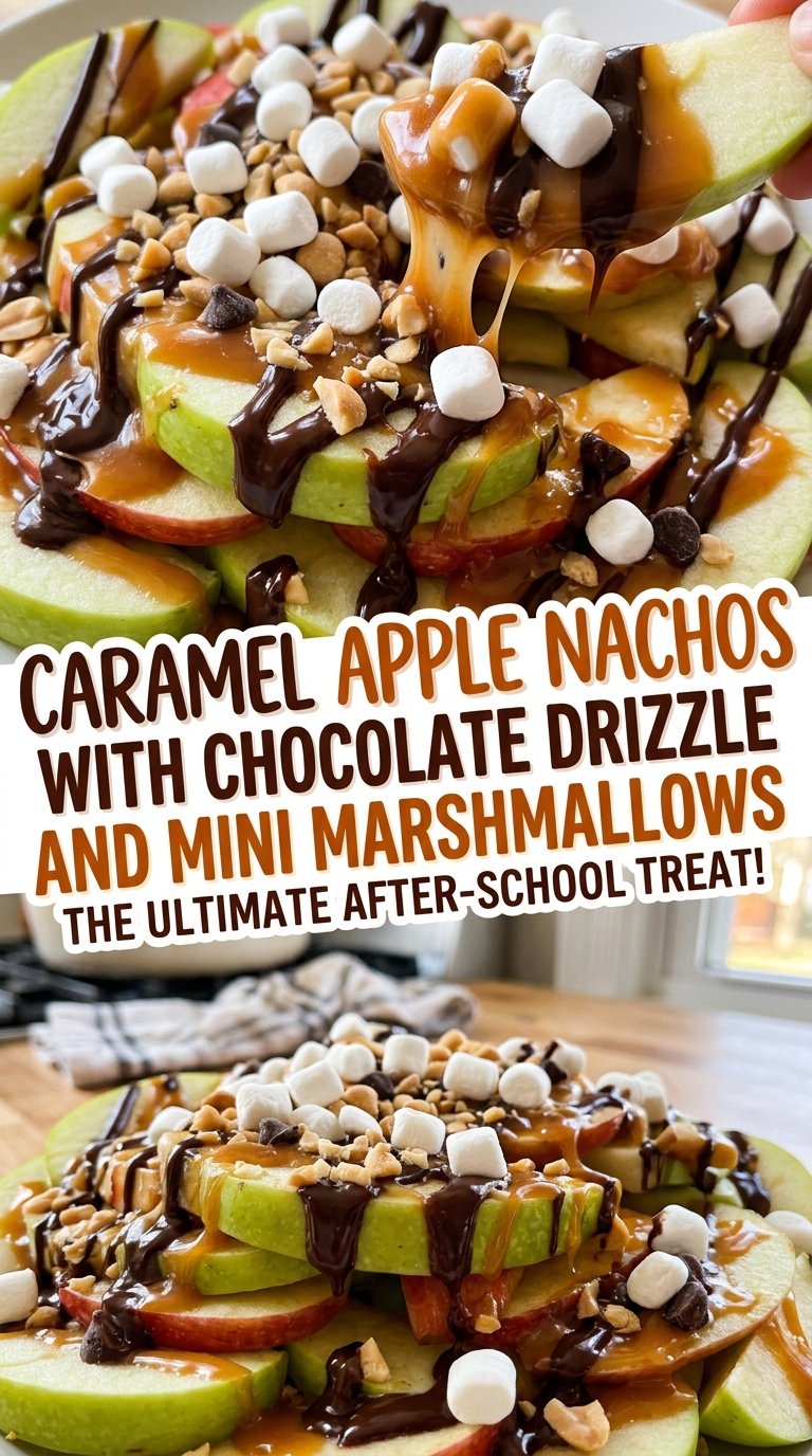 Caramel Apple Nachos with Chocolate Drizzle and Mini Marshmallows, chocolate-striped apple slices