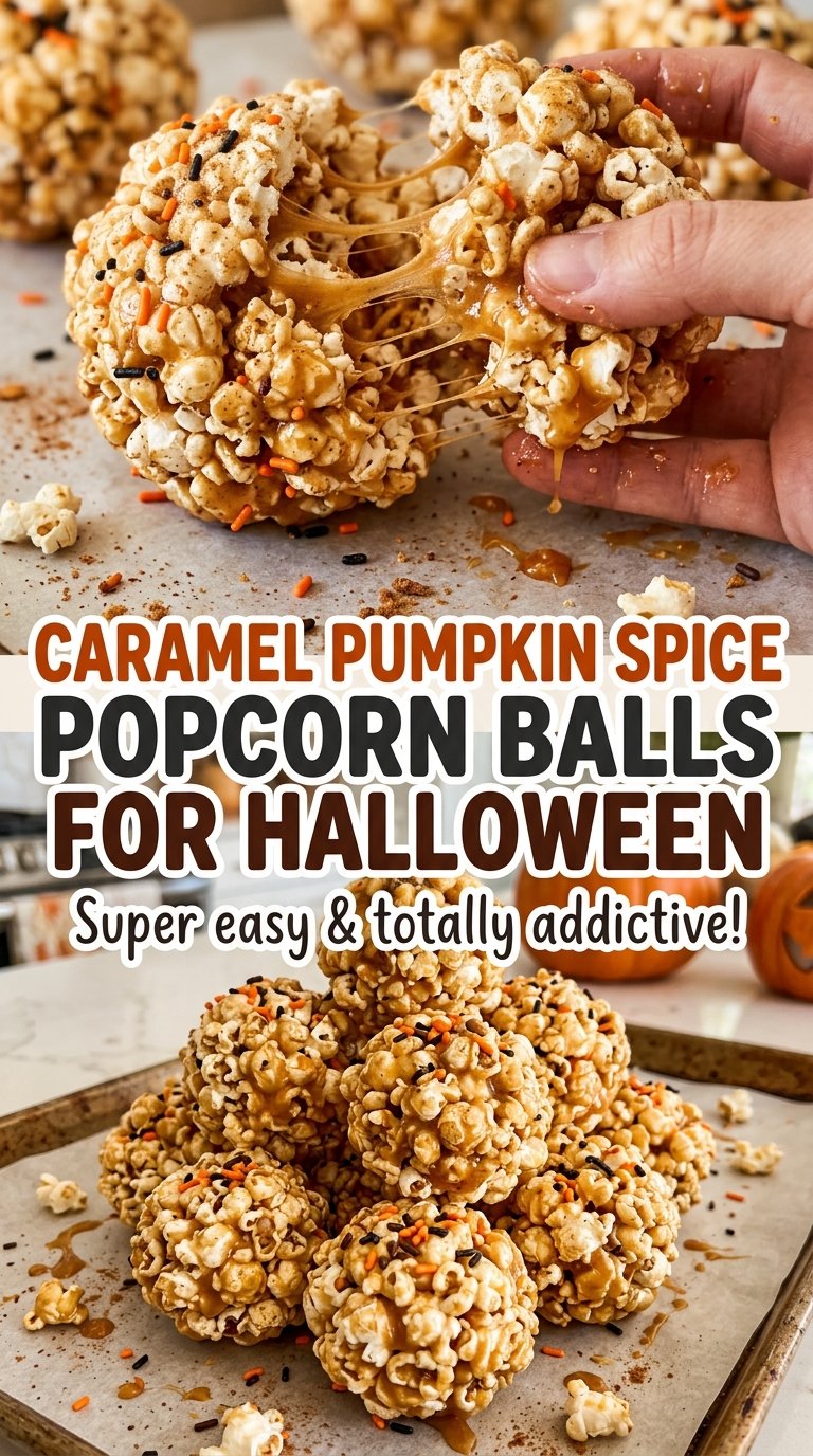 Caramel Pumpkin Spice Popcorn Balls for Halloween with festive sprinkles