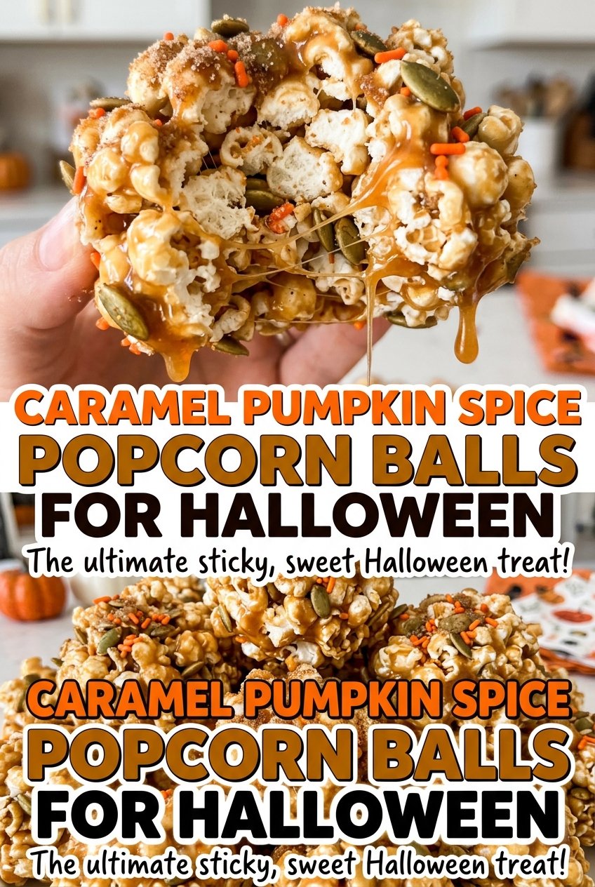 Caramel Pumpkin Spice Popcorn Balls for Halloween with colorful sprinkles
