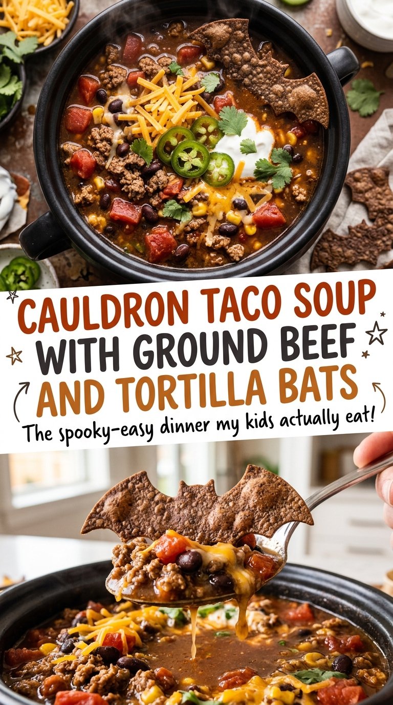 Cauldron Taco Soup with Ground Beef and Tortilla Bats golden crisp