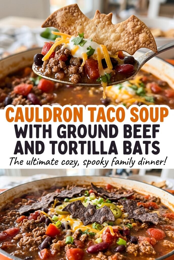 Cauldron Taco Soup with Ground Beef and Tortilla Bats