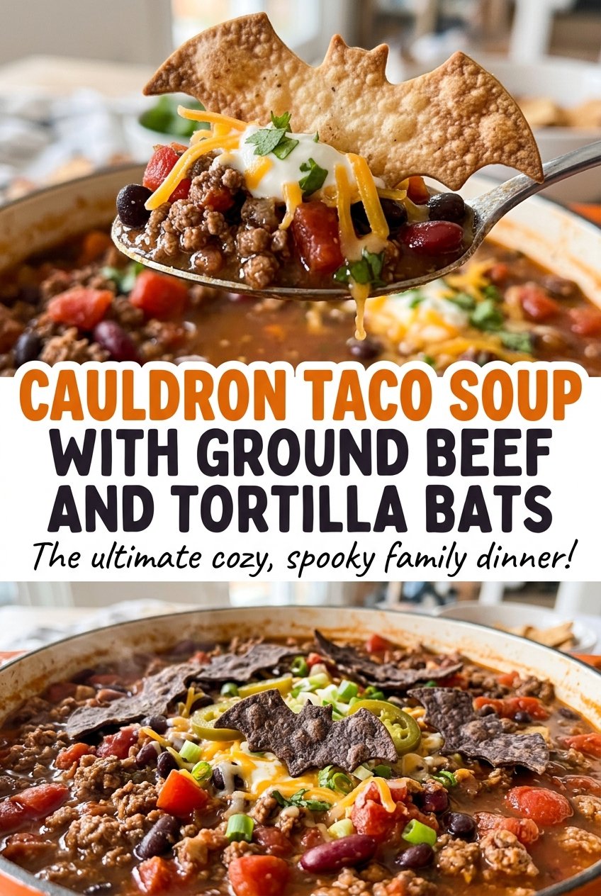 Cauldron Taco Soup with Ground Beef and Tortilla Bats cozy hearty