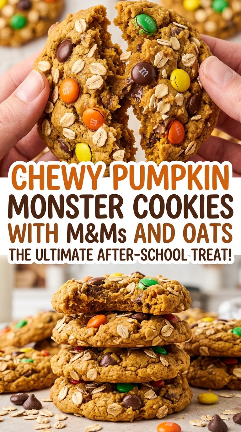 Chewy pumpkin monster cookies with M&Ms and oats, colorful candy pieces