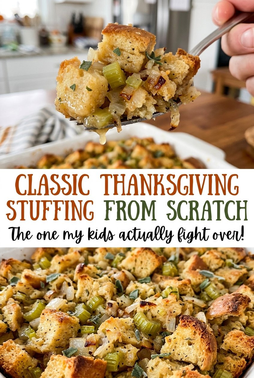 Classic Thanksgiving Stuffing from Scratch golden crisp top
