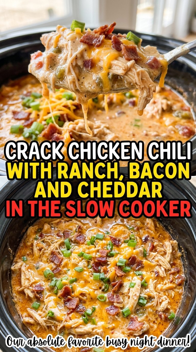 Crack chicken chili with ranch, bacon and cheddar in the slow cooker, creamy and hearty