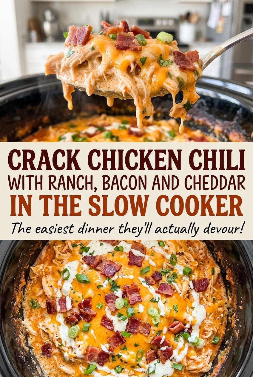 Crack chicken chili with ranch, bacon and cheddar in the slow cooker, creamy and hearty
