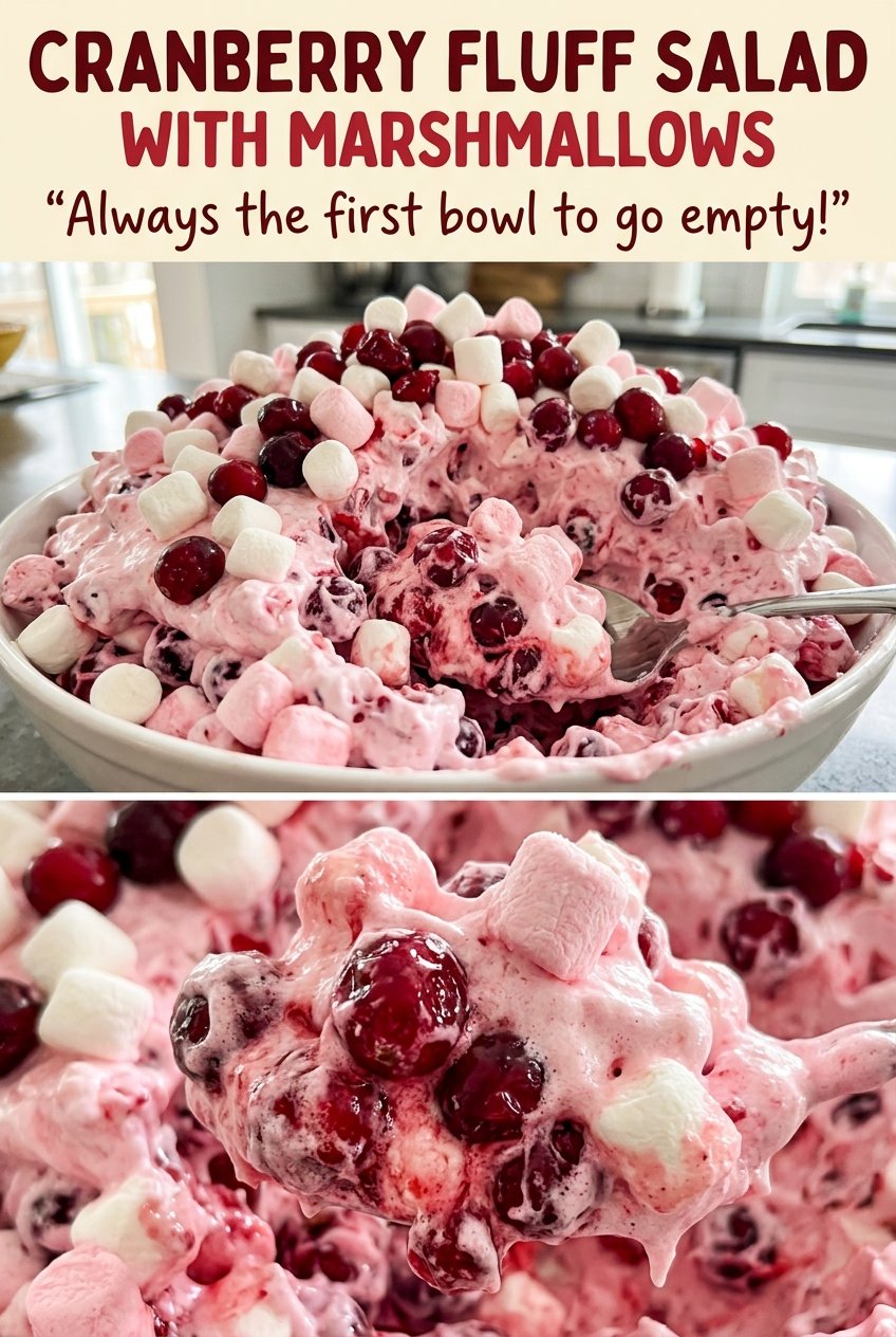 Cranberry fluff salad with marshmallows, tart creamy texture
