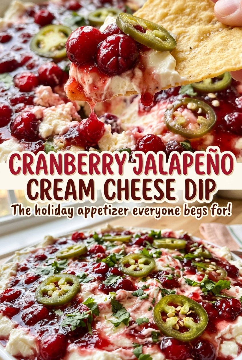 Cranberry Jalapeño Cream Cheese Dip with bright cranberry topping
