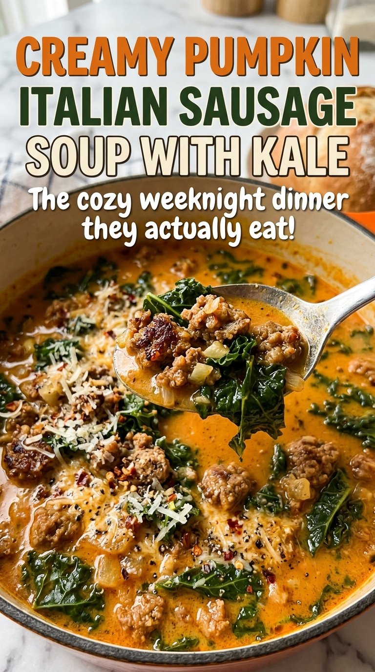 Creamy Pumpkin Italian Sausage Soup with Kale, hearty creamy bowl
