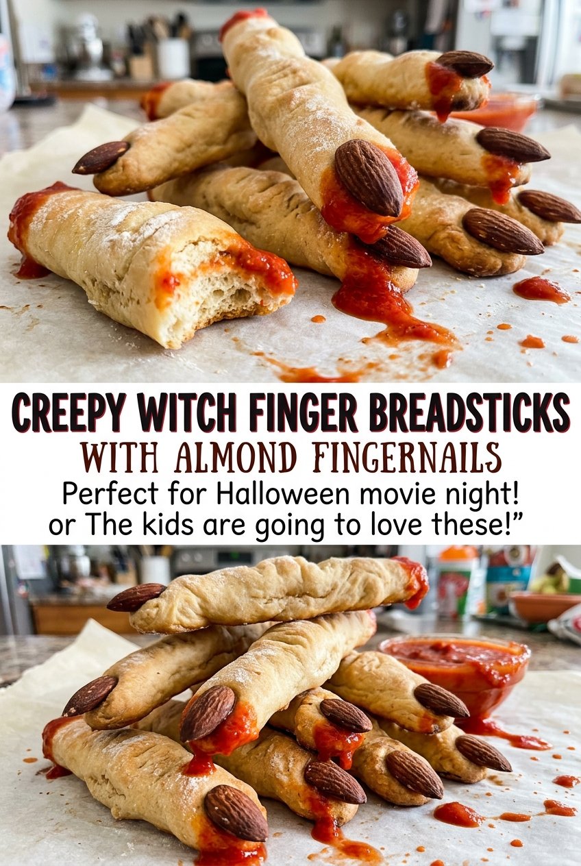 Creepy witch finger breadsticks with golden almond nails