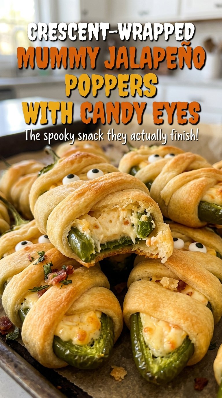Crescent-Wrapped Mummy Jalapeno Poppers with Candy Eyes, golden crescent strips