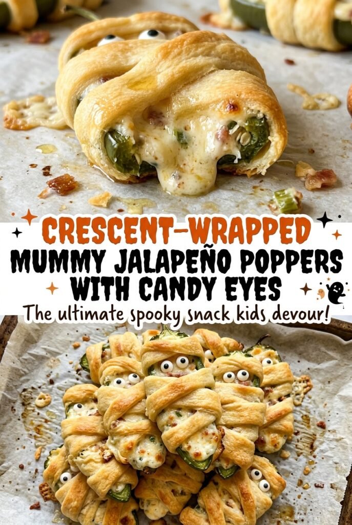Crescent-Wrapped Mummy Jalapeno Poppers with Candy Eyes