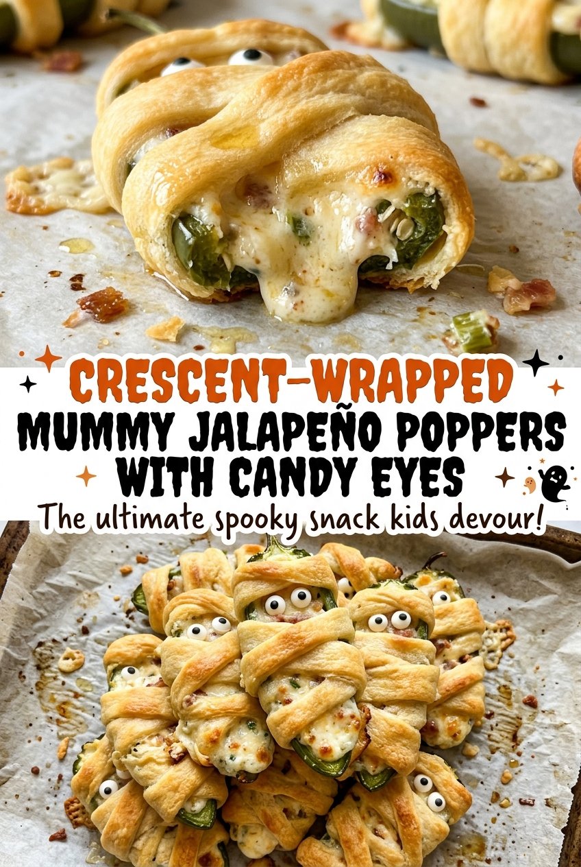 Crescent-Wrapped Mummy Jalapeno Poppers with Candy Eyes, golden cheesy
