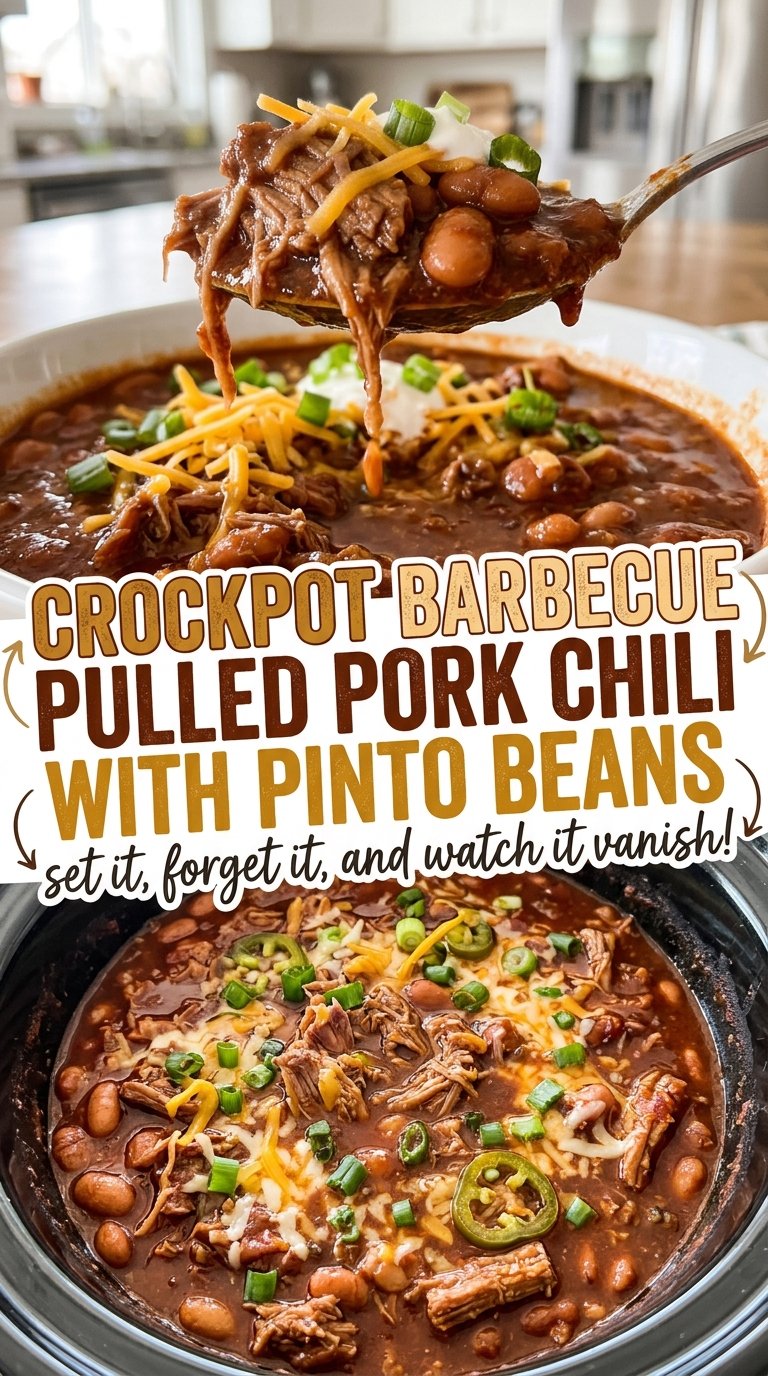 Crockpot barbecue pulled pork chili with pinto beans, saucy and smoky
