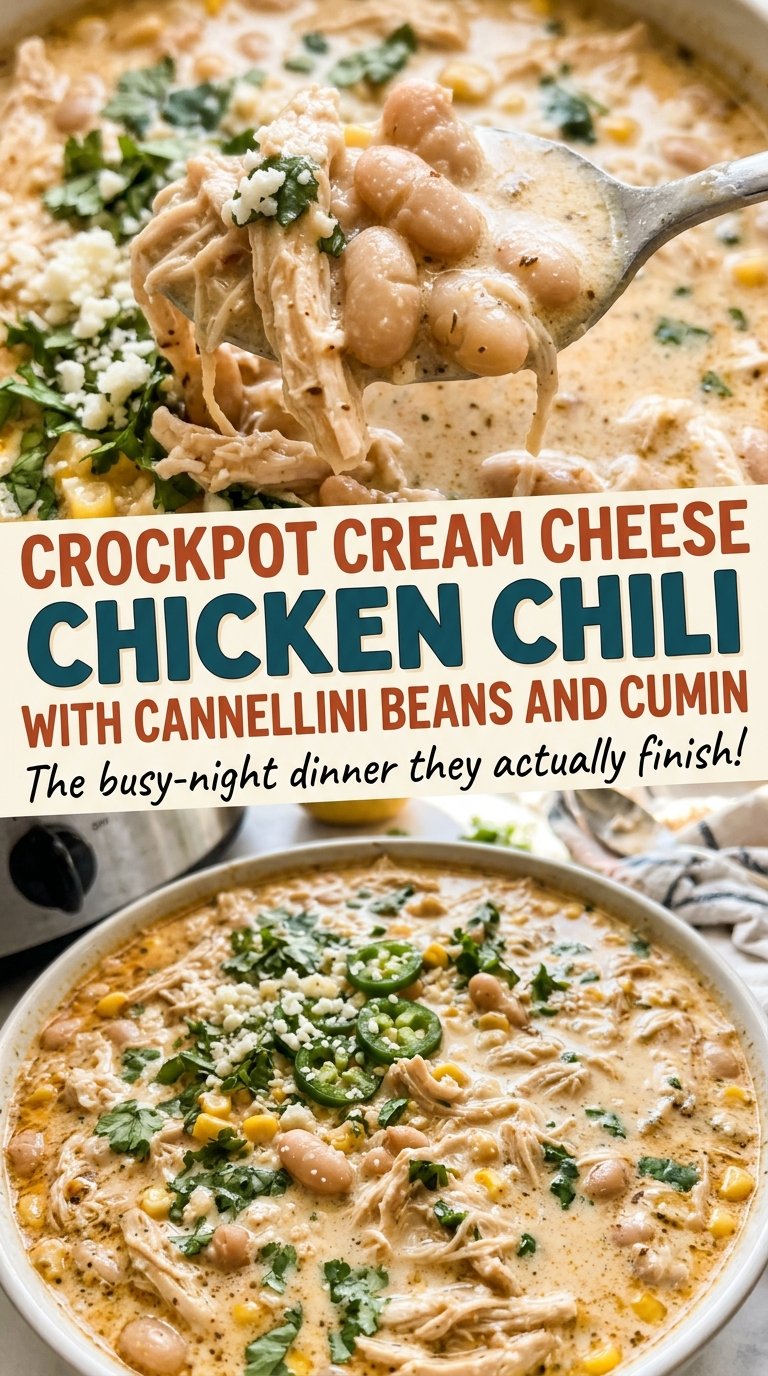 Crockpot Cream Cheese Chicken Chili with Cannellini Beans and Cumin, creamy and spoonable