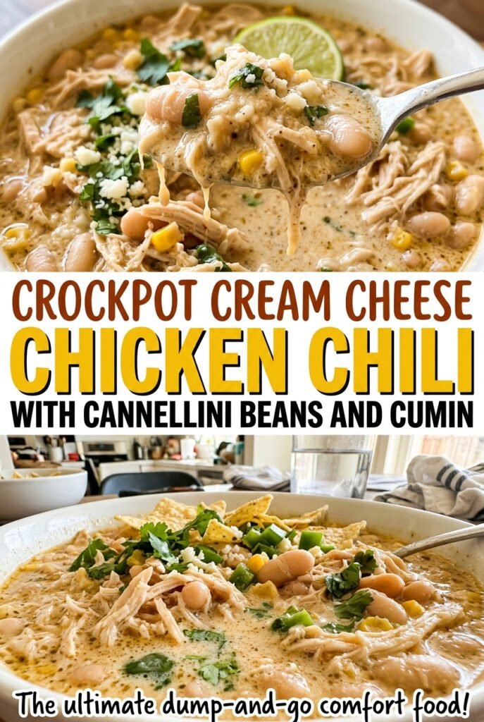 Crockpot Cream Cheese Chicken Chili with Cannellini Beans and Cumin