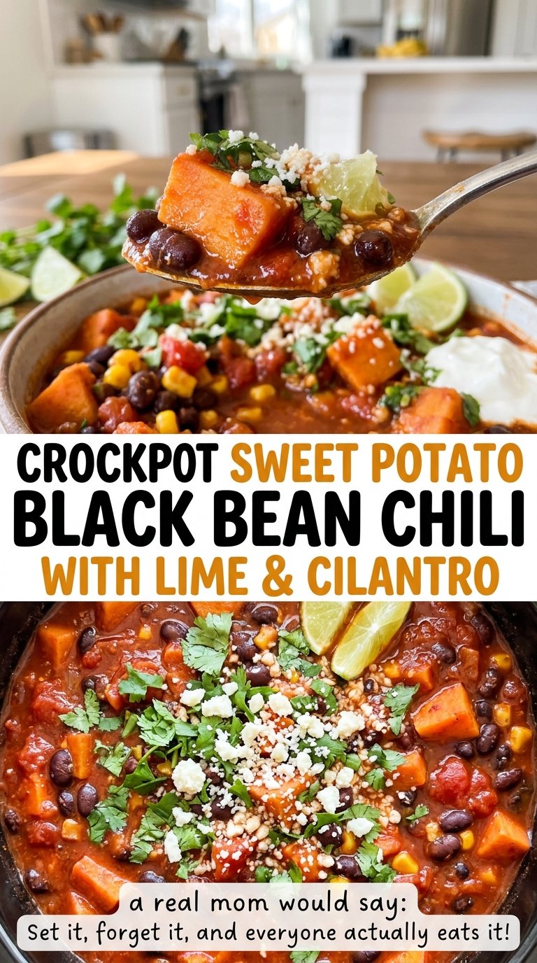 Crockpot sweet potato black bean chili with lime and cilantro, hearty and colorful