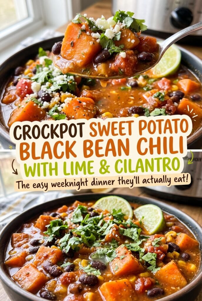 Crockpot Sweet Potato Black Bean Chili with Lime and Cilantro