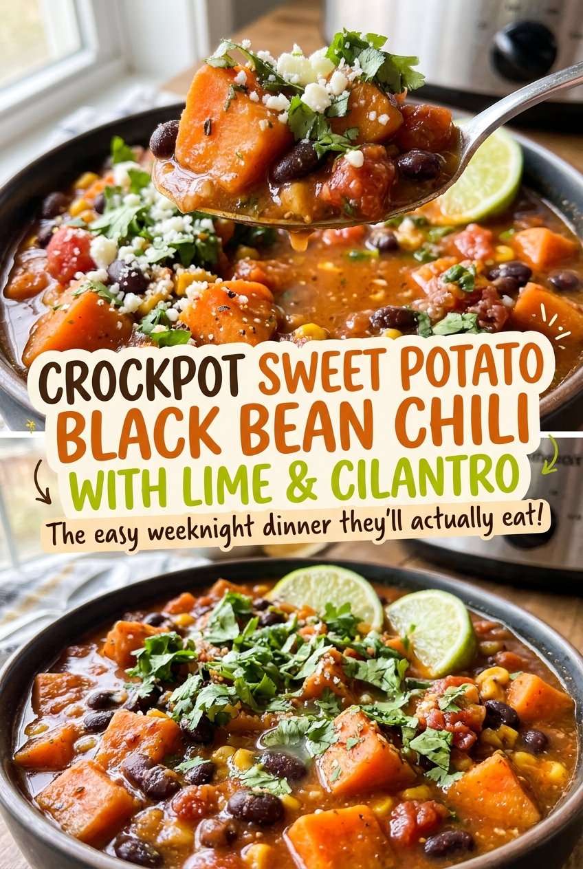 Crockpot sweet potato black bean chili with lime and cilantro, hearty and colorful