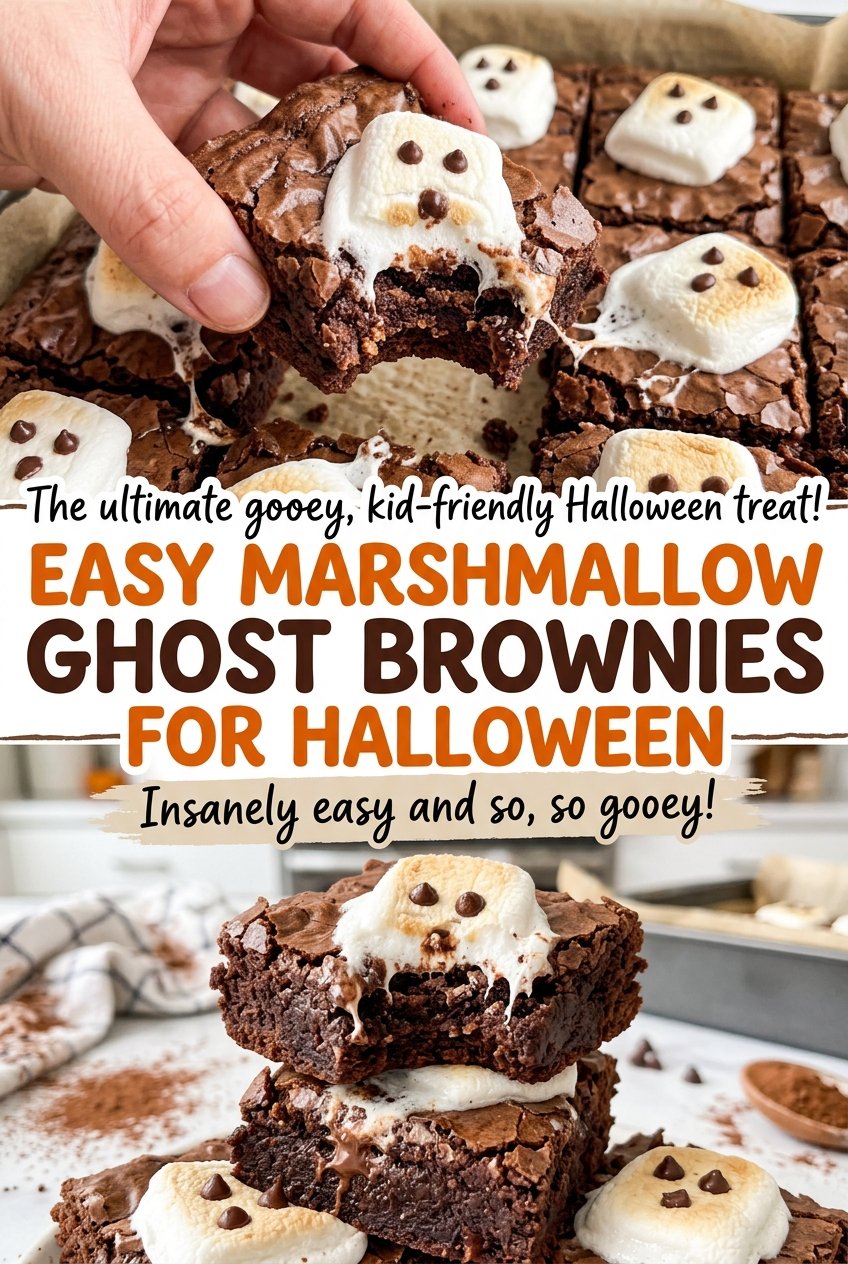 Easy Marshmallow Ghost Brownies with piped chocolate ghosts