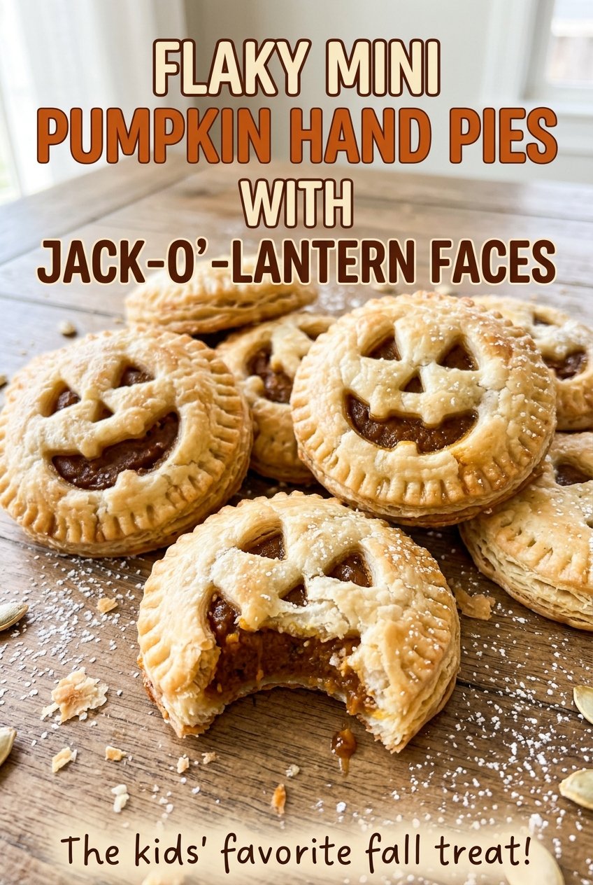 Flaky Mini Pumpkin Hand Pies with Jack-O'-Lantern Faces, golden flaky pastry
