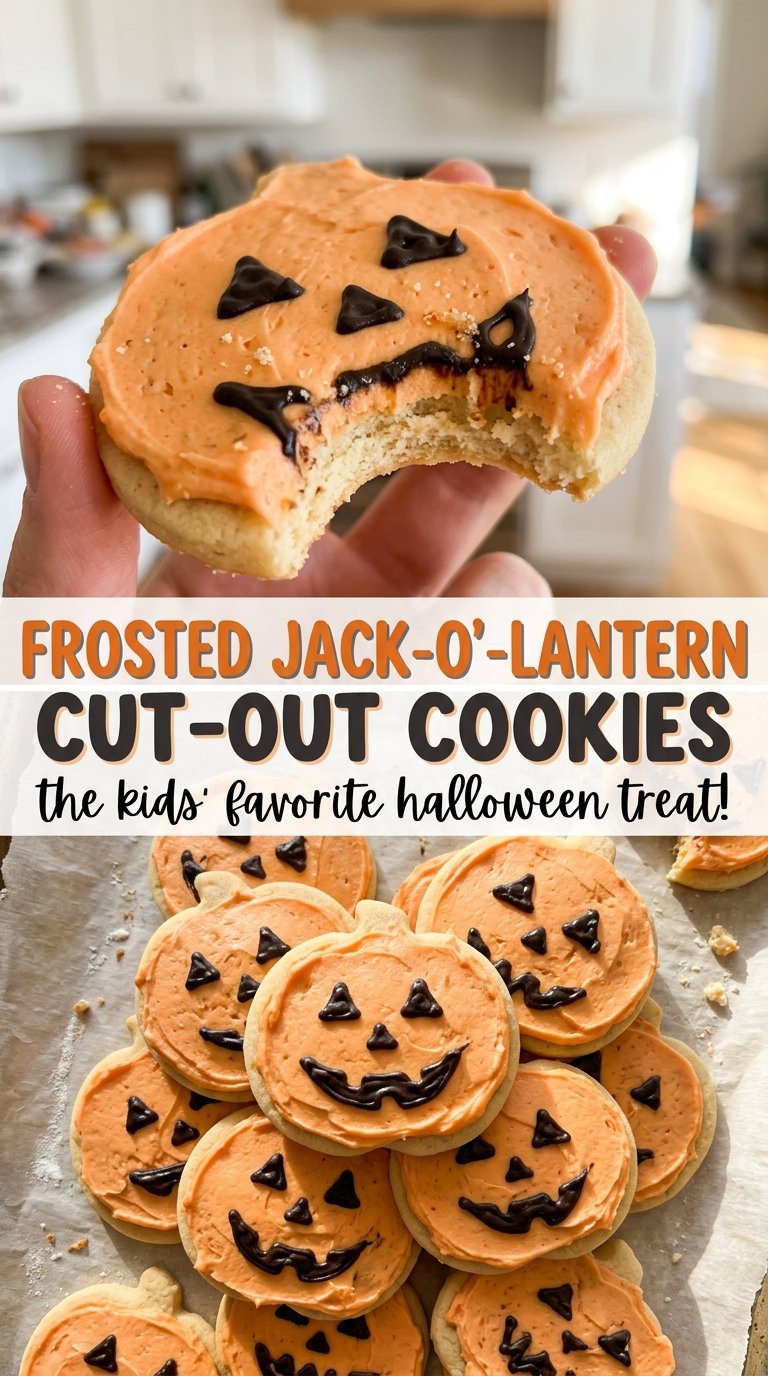 Frosted Jack-O'-Lantern Cut-Out Cookies with piped black faces