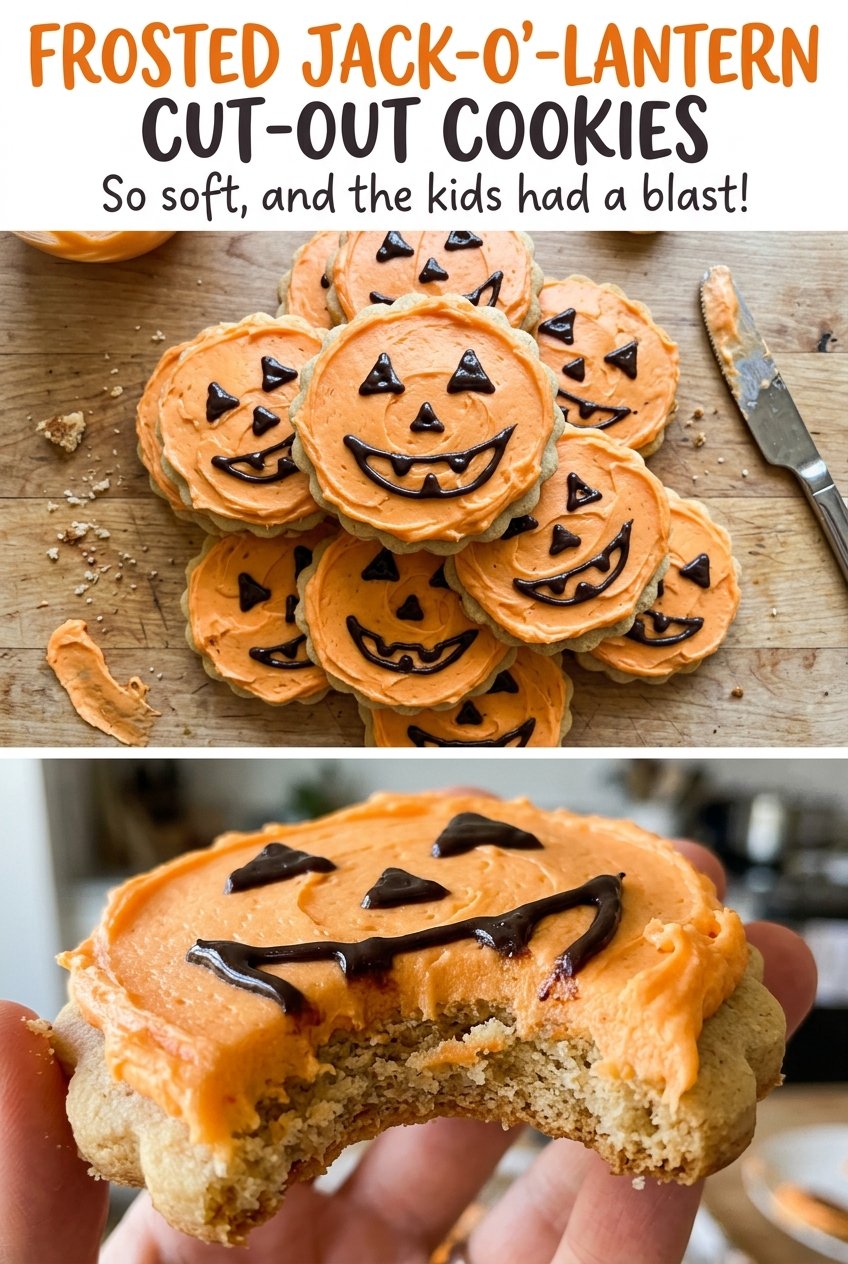 Frosted Jack-O'-Lantern Cut-Out Cookies with orange frosting