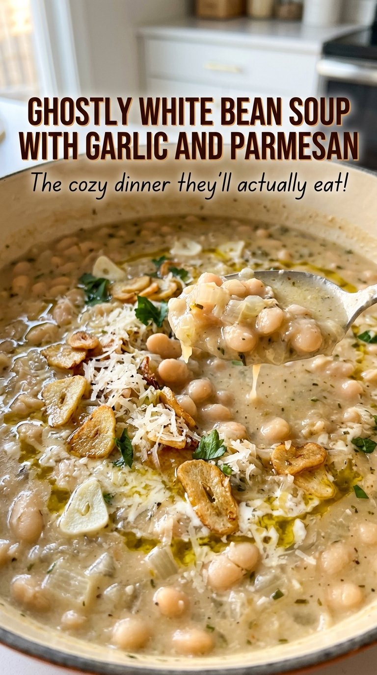 Ghostly White Bean Soup with Garlic and Parmesan, tender beans and creamy broth