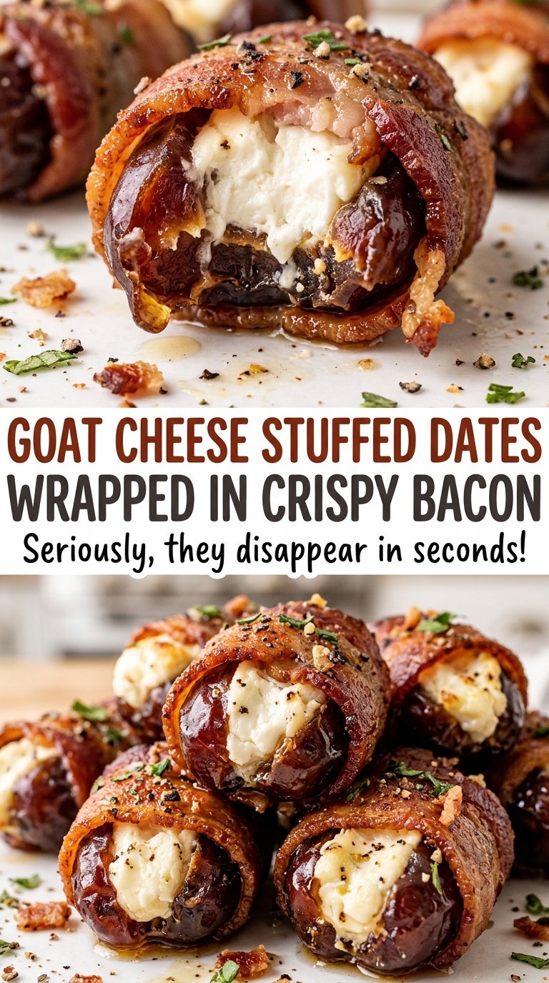 Goat cheese stuffed dates wrapped in crispy bacon, browned and golden