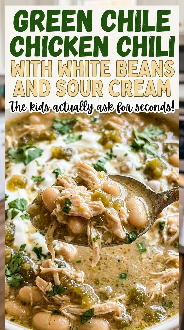 Green chile chicken chili with white beans and sour cream, shredded chicken and beans