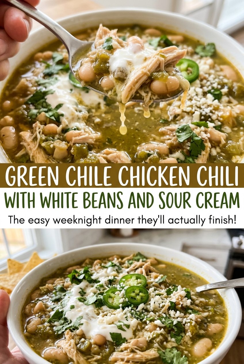Green chile chicken chili with white beans and sour cream, creamy hearty bowl