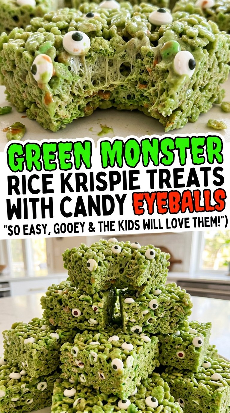 Green Monster Rice Krispie Treats with Candy Eyeballs gooey green cereal
