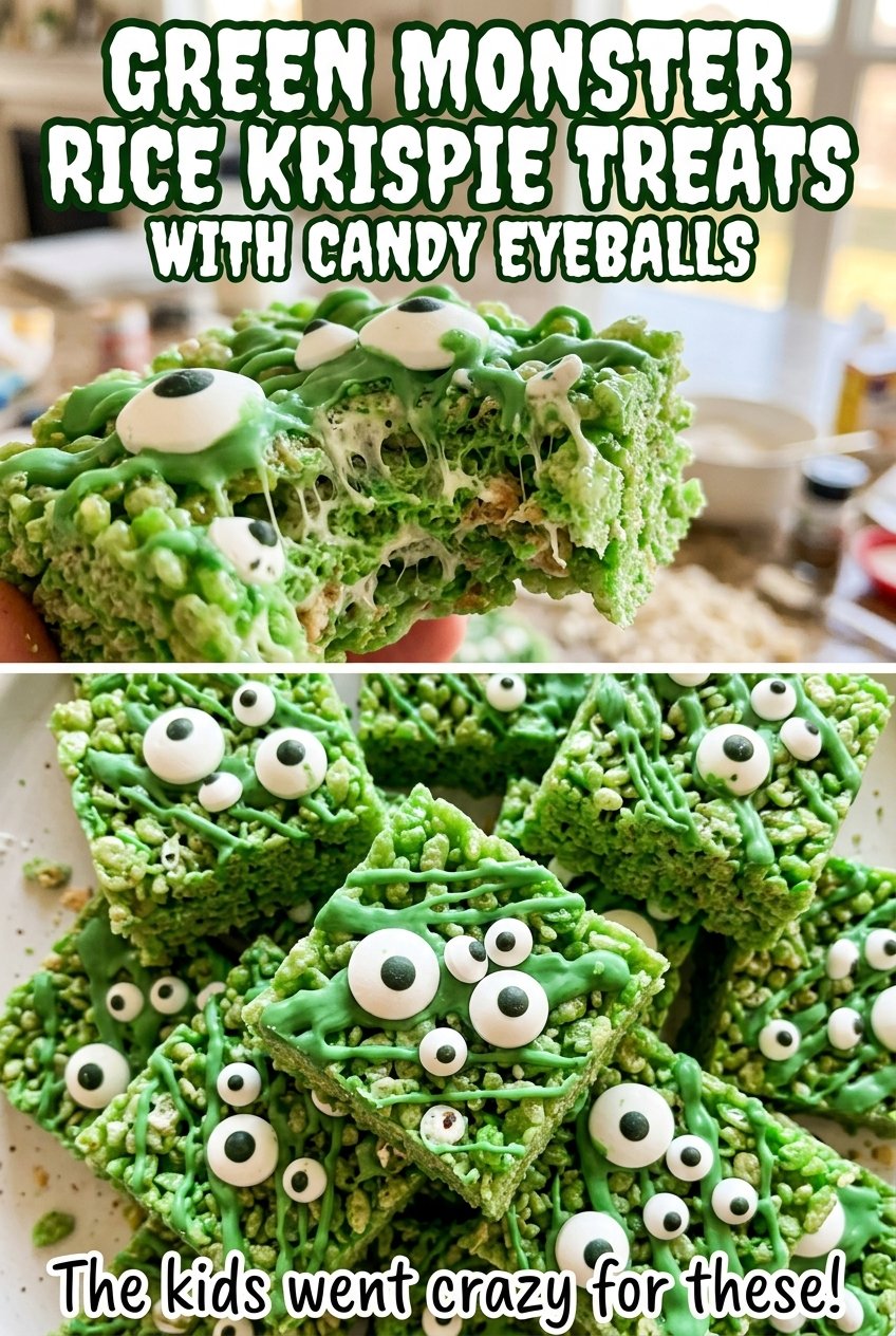 Green Monster Rice Krispie Treats with Candy Eyeballs bright green squares