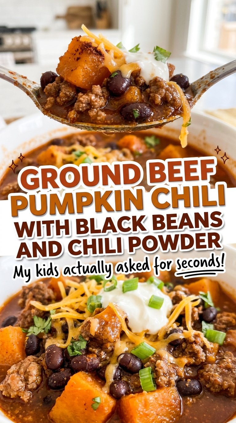 Ground Beef Pumpkin Chili with Black Beans and Chili Powder, thick and hearty