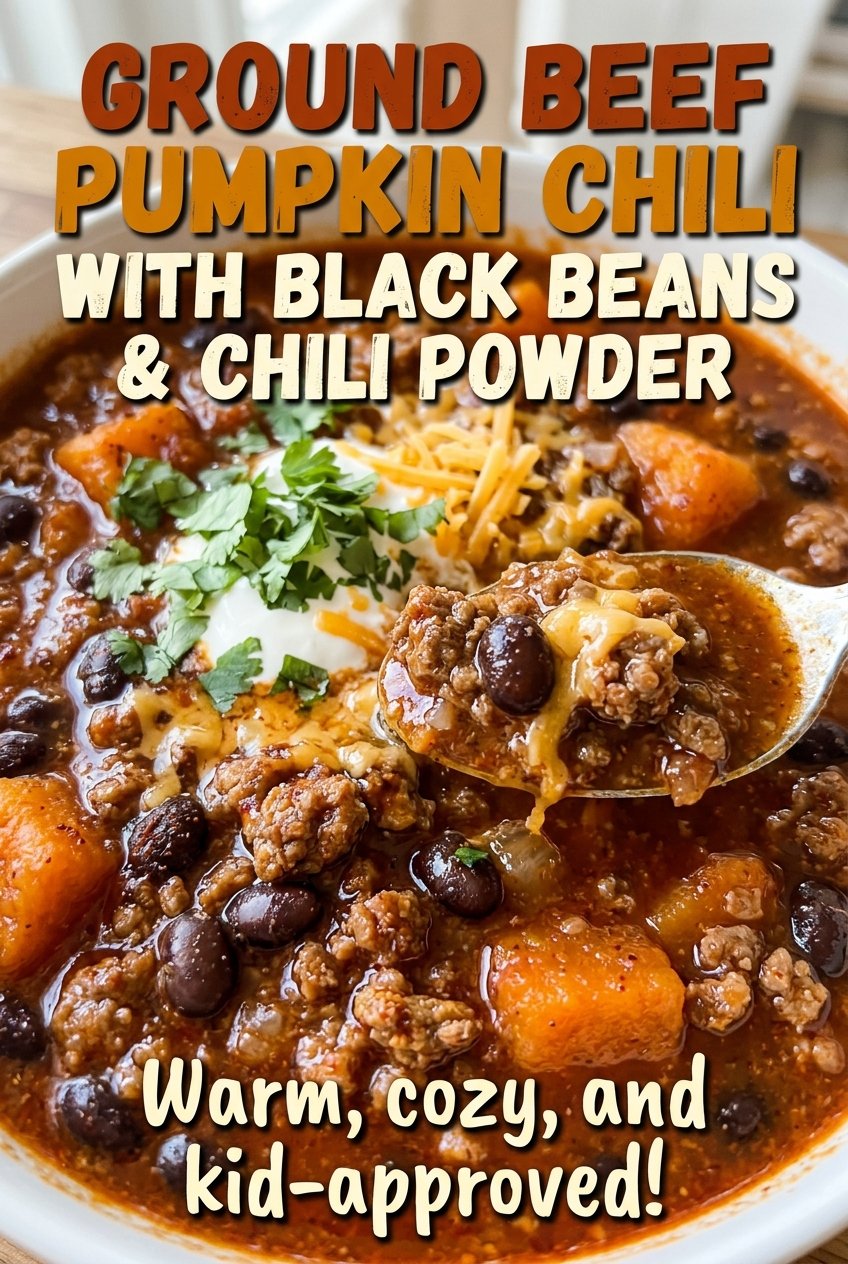 Ground Beef Pumpkin Chili with Black Beans and Chili Powder, thick and hearty