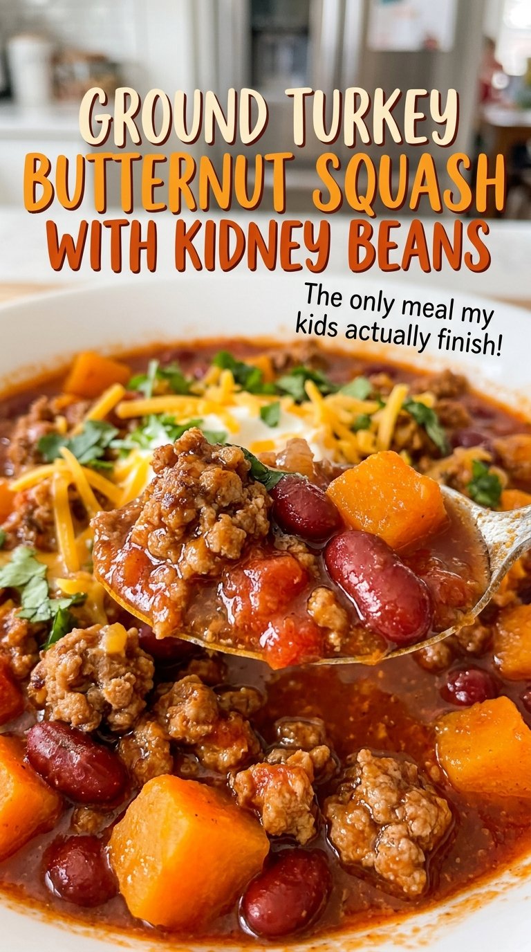 Ground Turkey Butternut Squash Chili with Kidney Beans, cozy and colorful