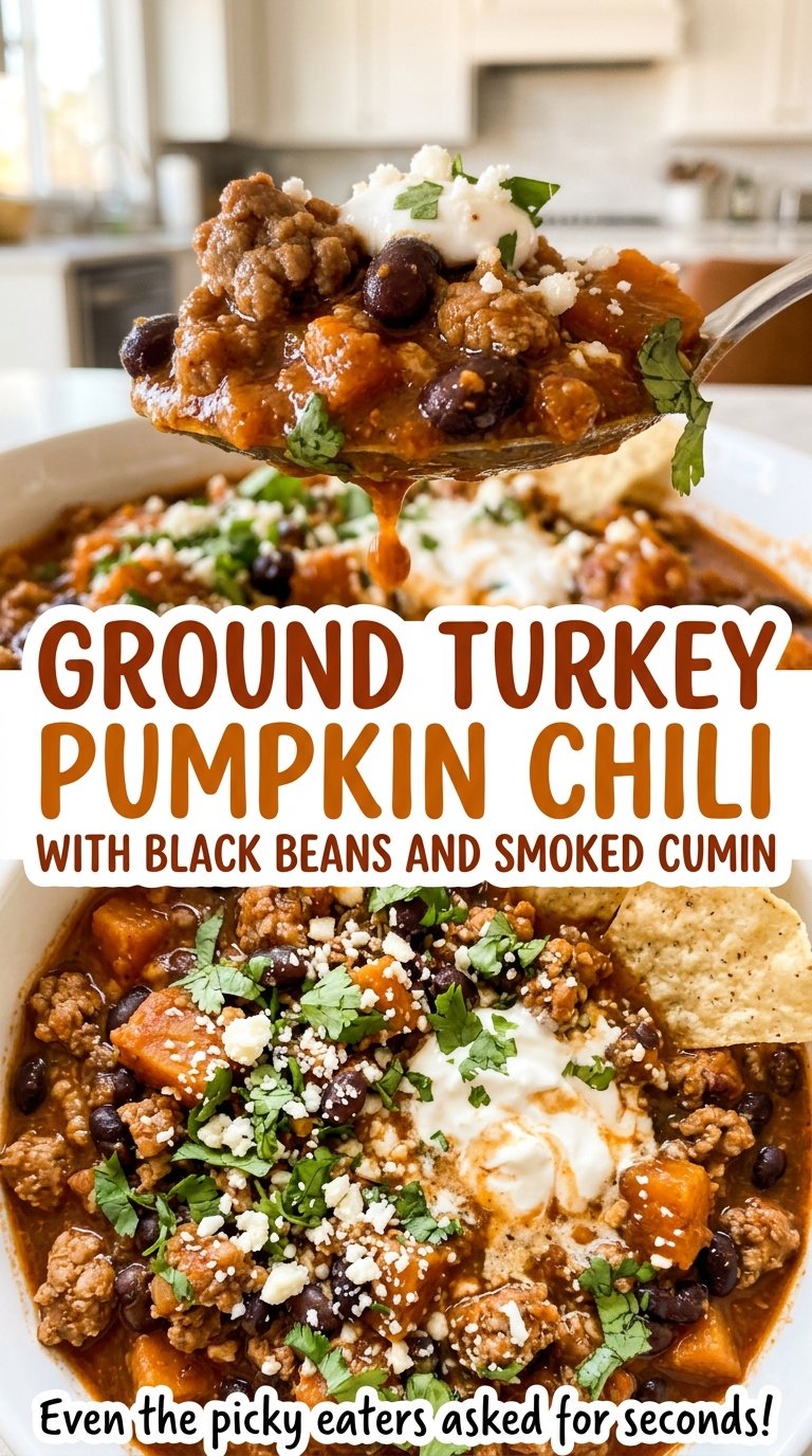 Ground turkey pumpkin chili with black beans, thick and smoky