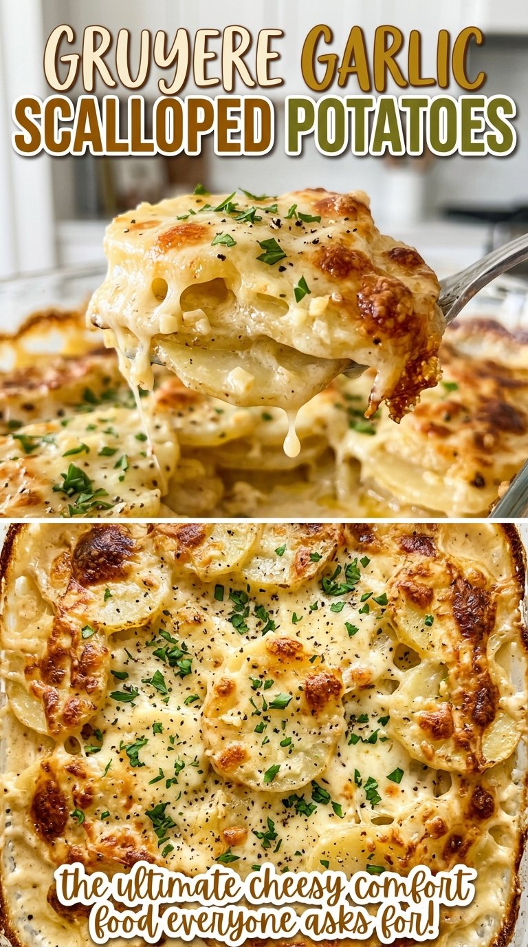 Gruyere Garlic Scalloped Potatoes bubbling cheesy top