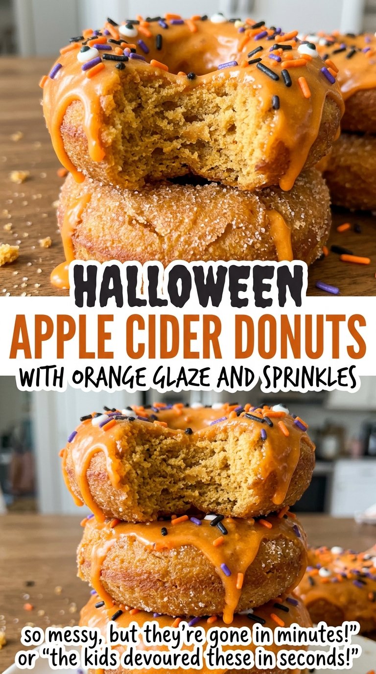 Halloween apple cider donuts with orange glaze and sprinkles, golden and festive