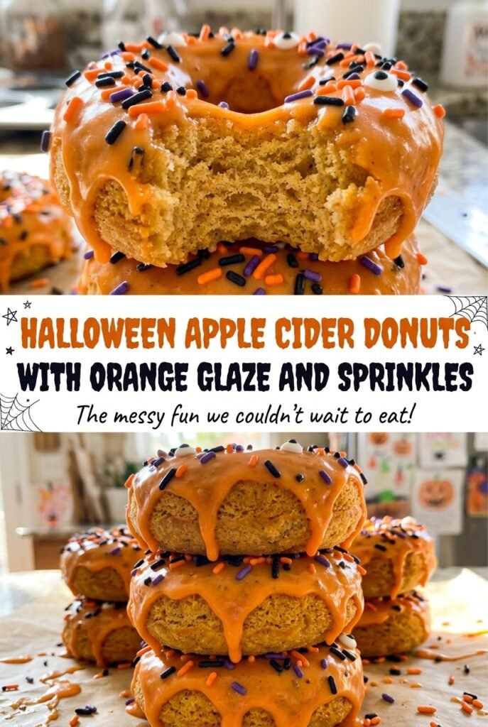 Halloween Apple Cider Donuts with Orange Glaze and Sprinkles