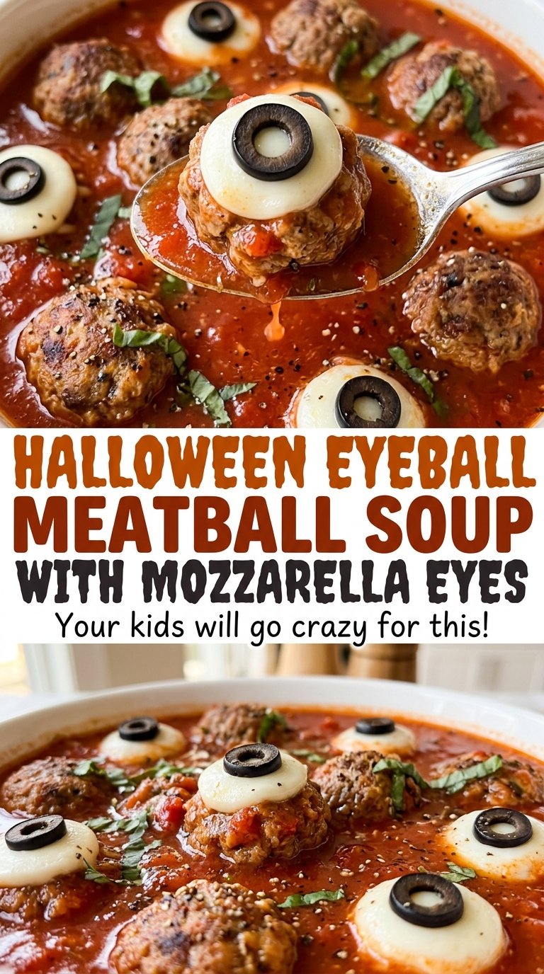 Halloween eyeball meatball soup with mozzarella eyes, tomato-rich and hearty