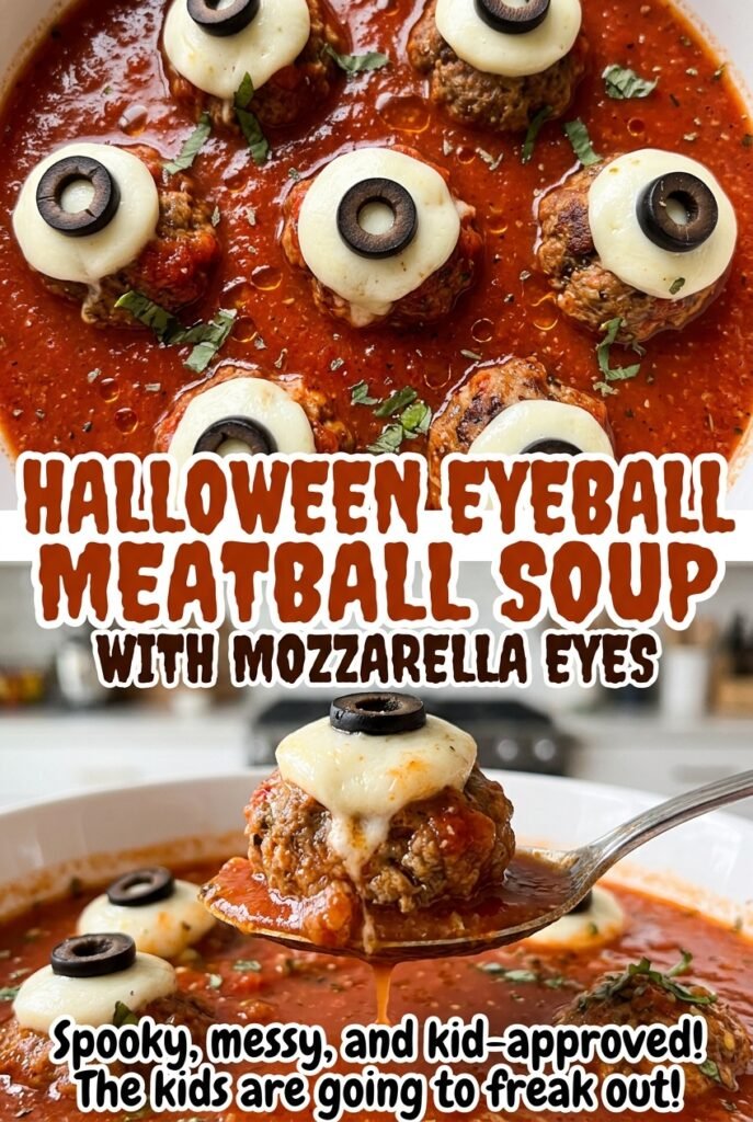 Halloween Eyeball Meatball Soup with Mozzarella Eyes