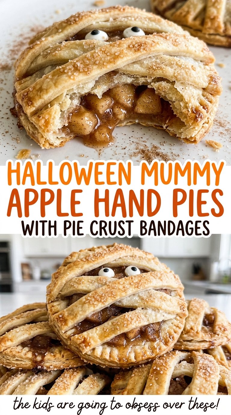 Halloween mummy apple hand pies, golden flaky pastry bandages