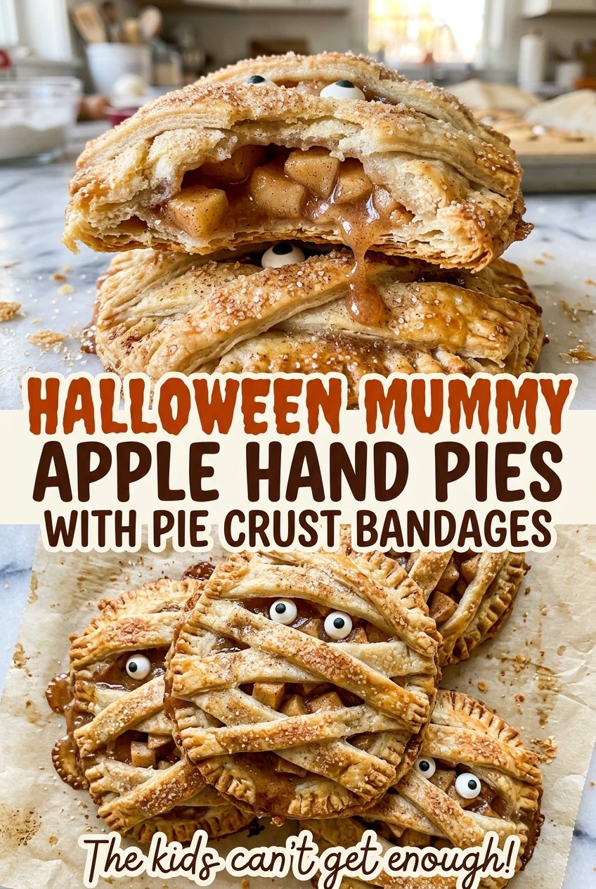 Halloween mummy apple hand pies with pie crust bandages, golden and flaky