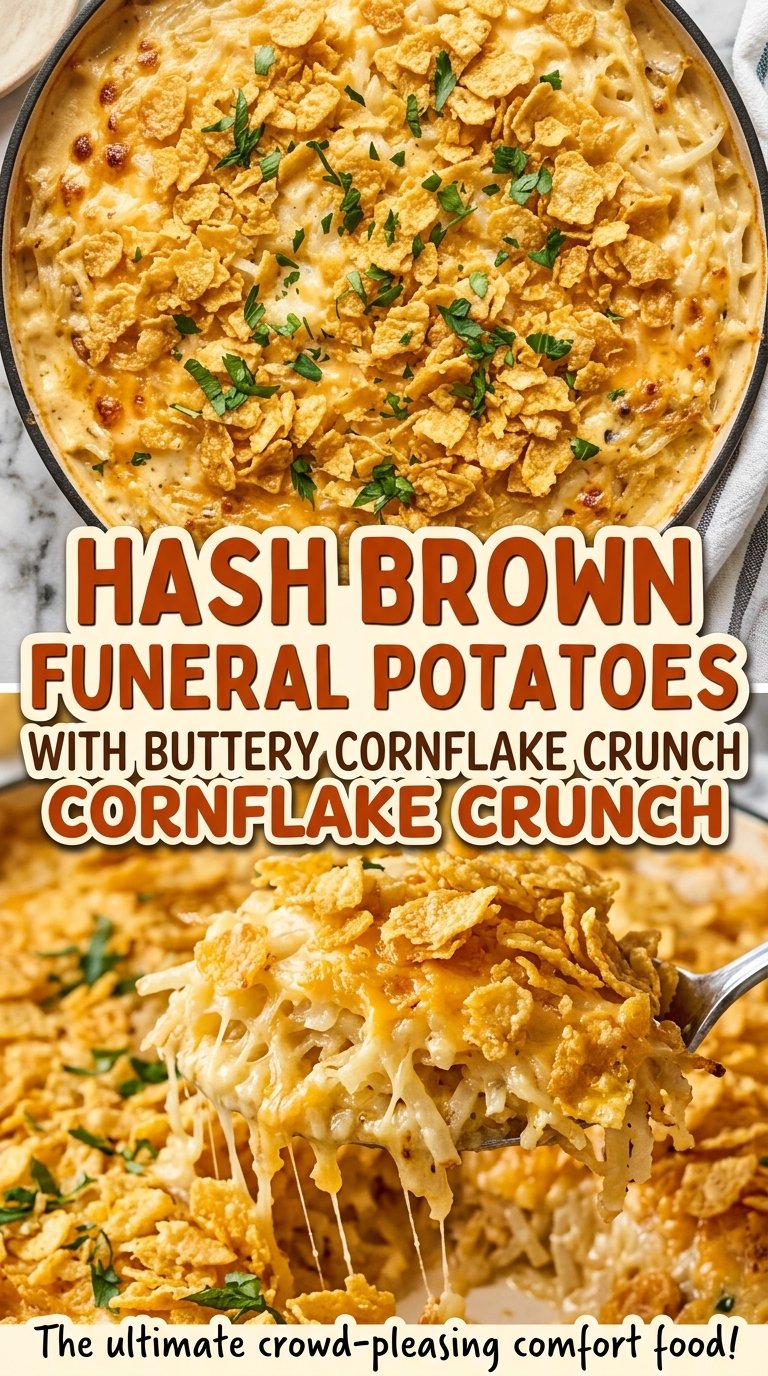 Hash Brown Funeral Potatoes with Buttery Cornflake Crunch, cheesy and crisp