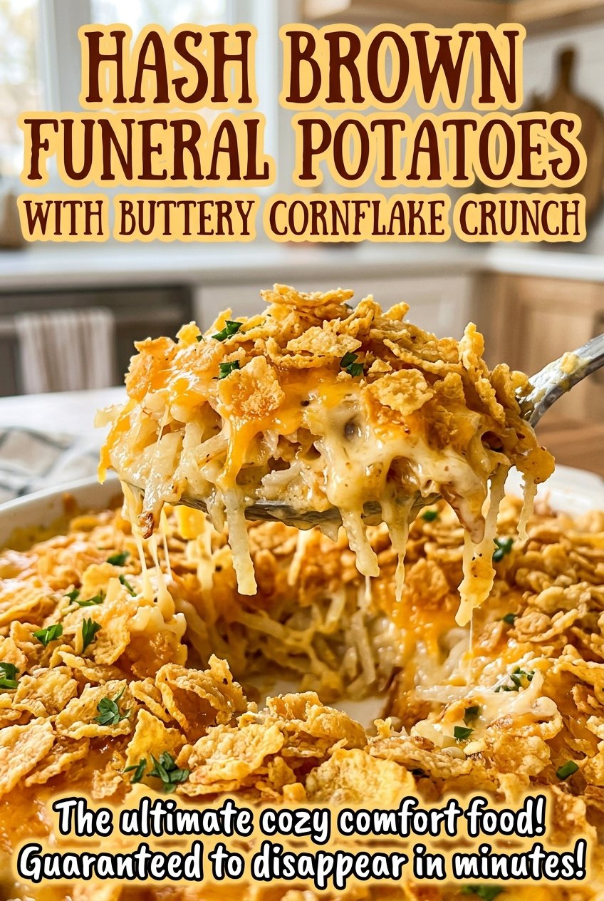 Hash Brown Funeral Potatoes with Buttery Cornflake Crunch, golden and bubbly
